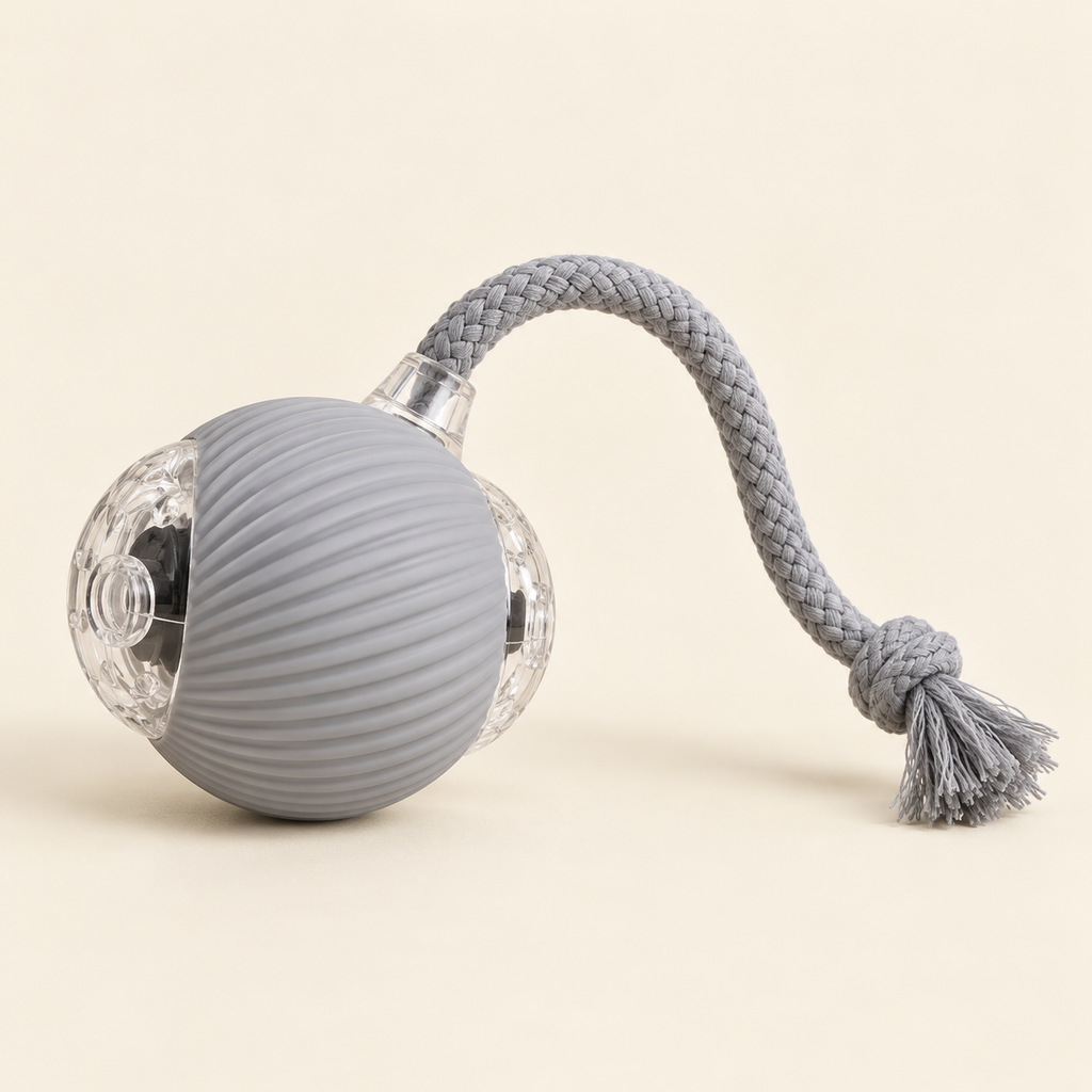 Balle interactive pour chien, coloris gris, avec corde tressée