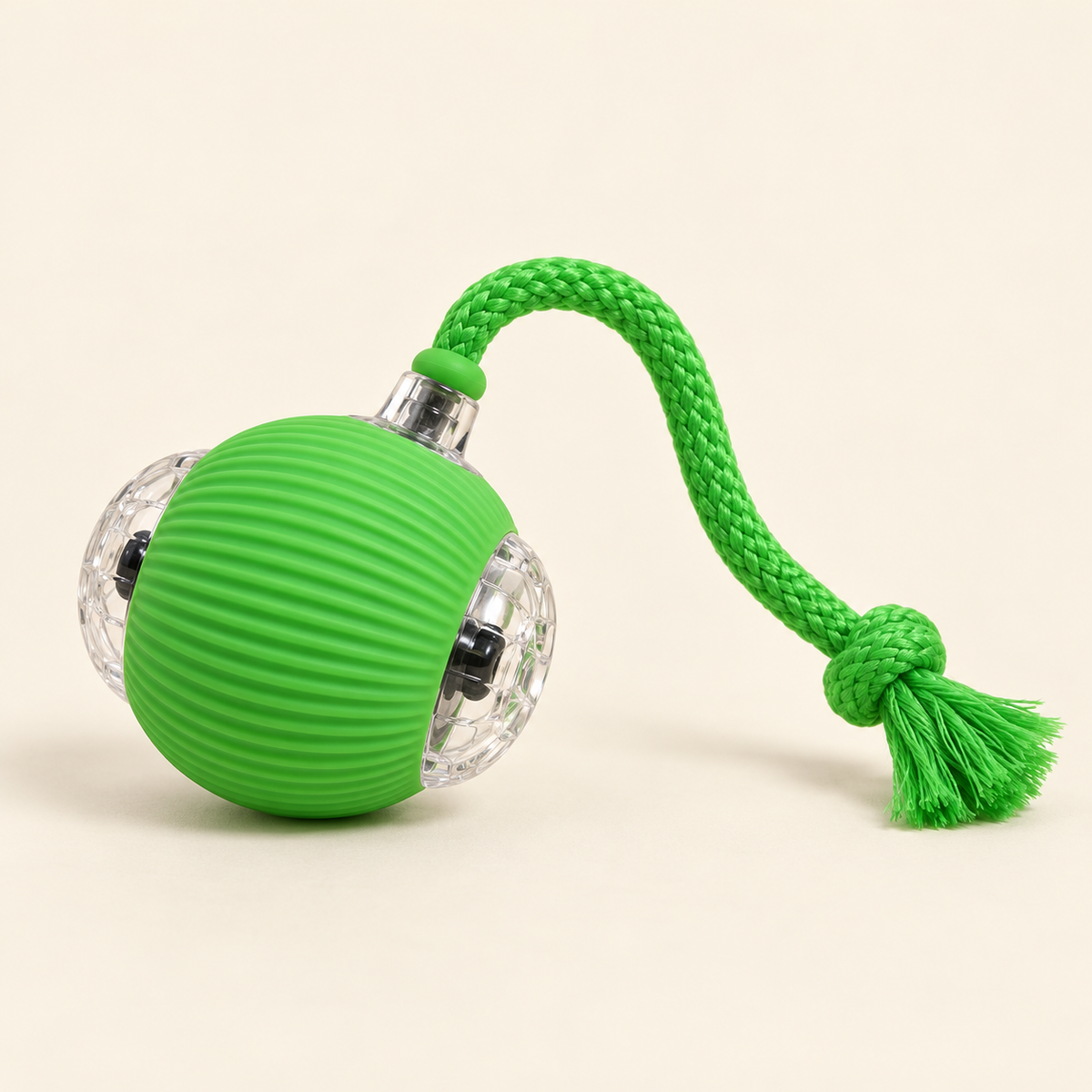 Balle interactive pour chien, coloris vert, avec corde tressée