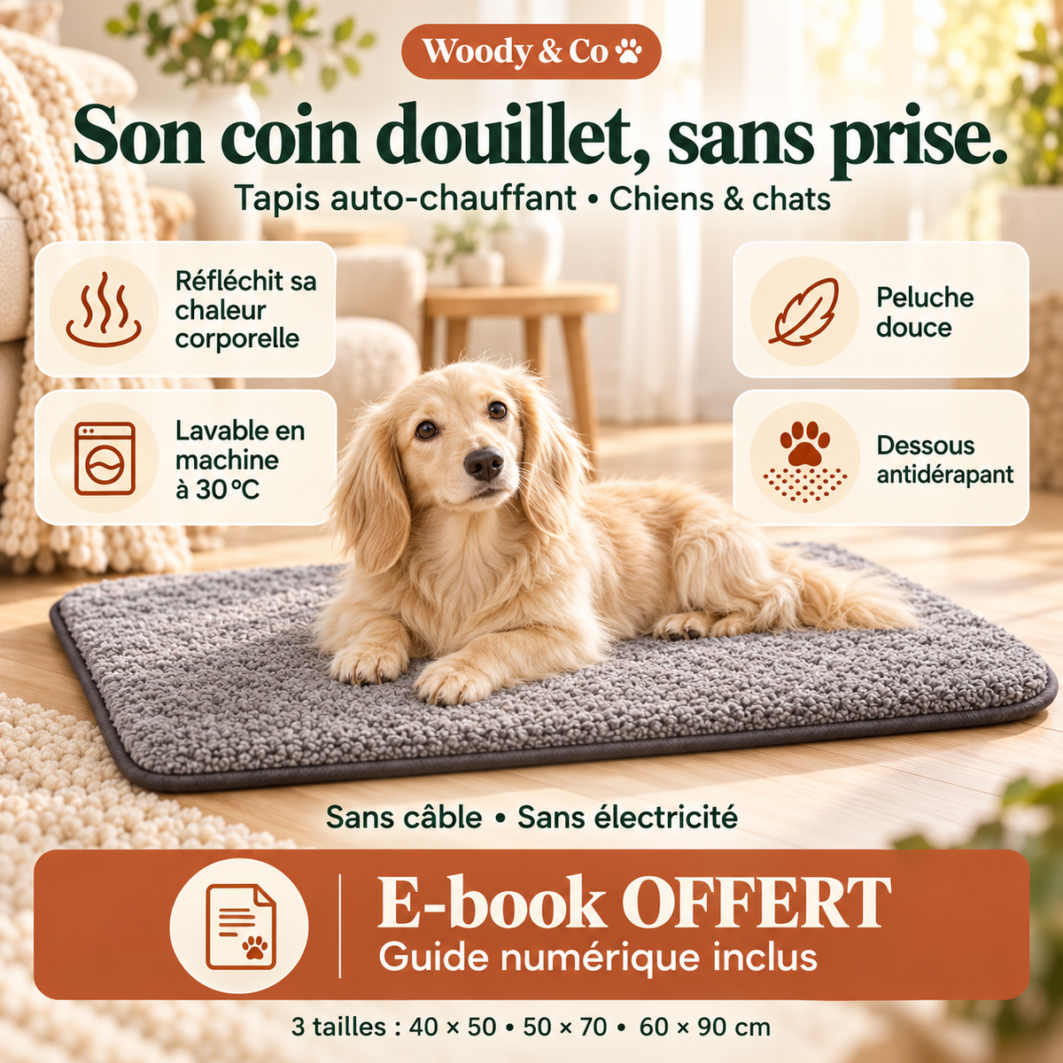 Tapis auto-chauffant pour chien et chat – sans prise, lavable