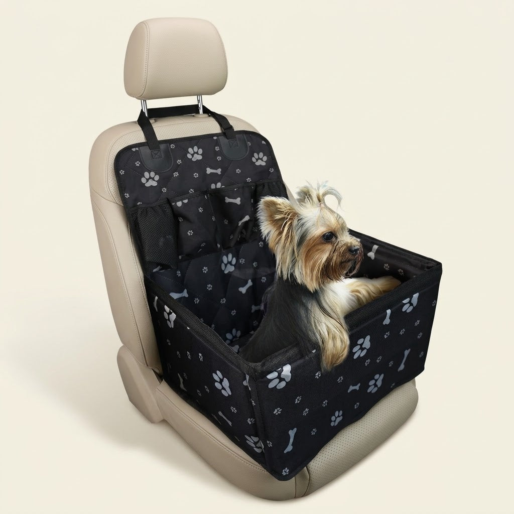 Petit chien installé dans le siège auto noir