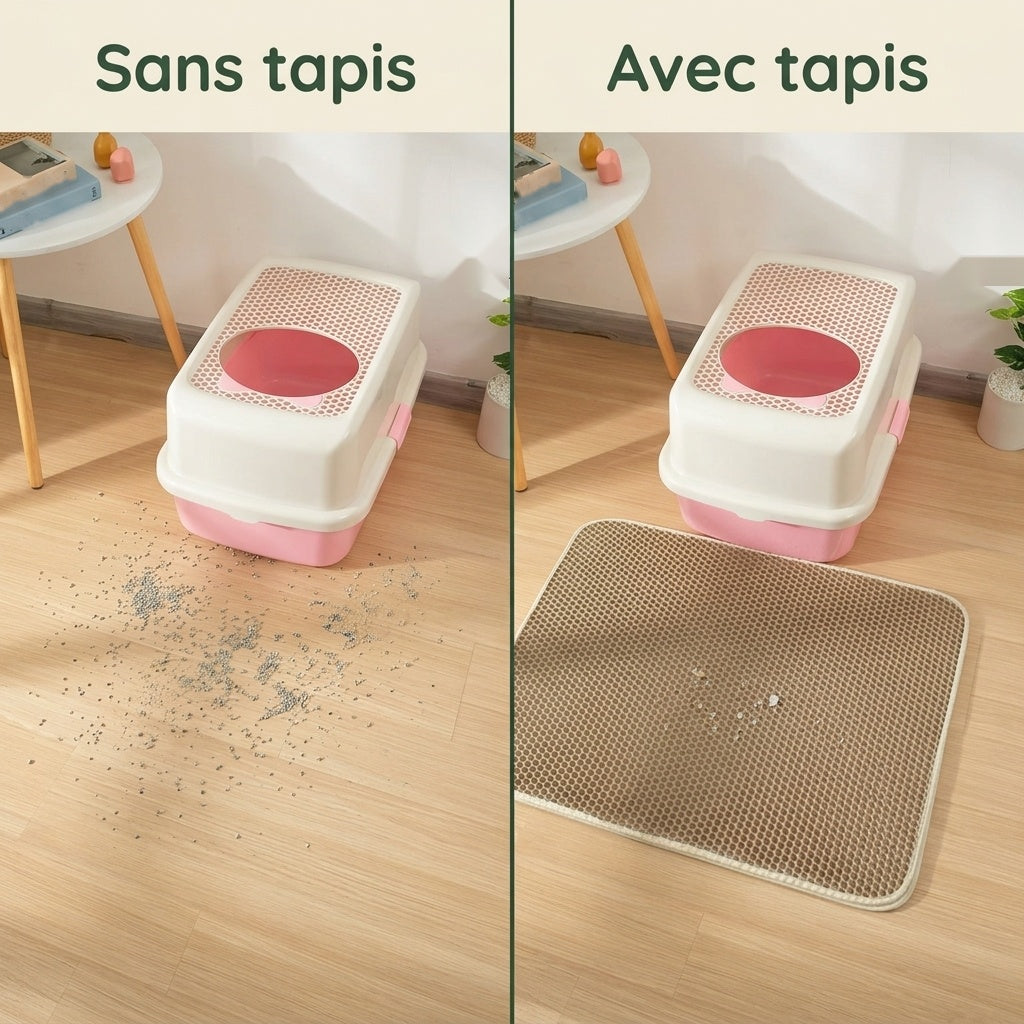 Comparaison sans tapis et avec tapis de litière : les grains restent sur le tapis