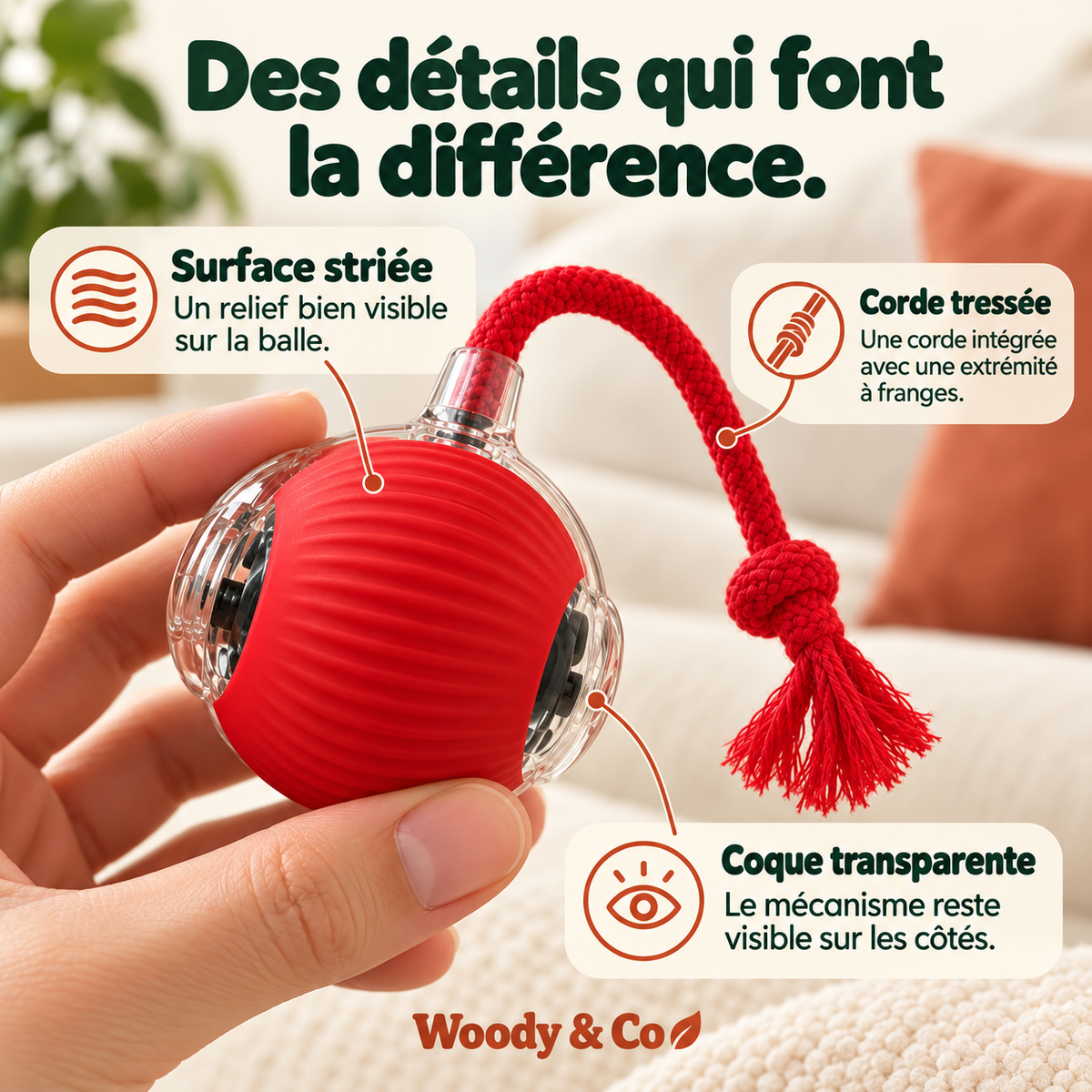 Balle interactive tenue en main : surface striée, coque transparente et corde — mise en scène générée par IA