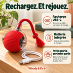 Balle interactive rouge à côté de son câble USB-C — mise en scène générée par IA