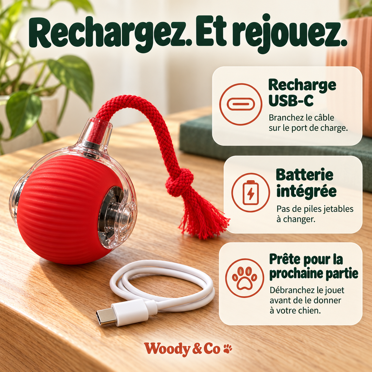 Balle interactive rouge à côté de son câble USB-C — mise en scène générée par IA