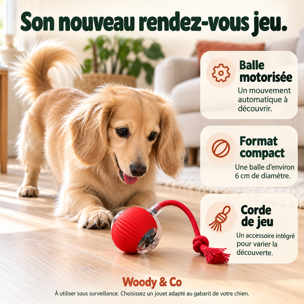 Chien qui joue avec la balle motorisée rouge sur un parquet — mise en scène générée par IA