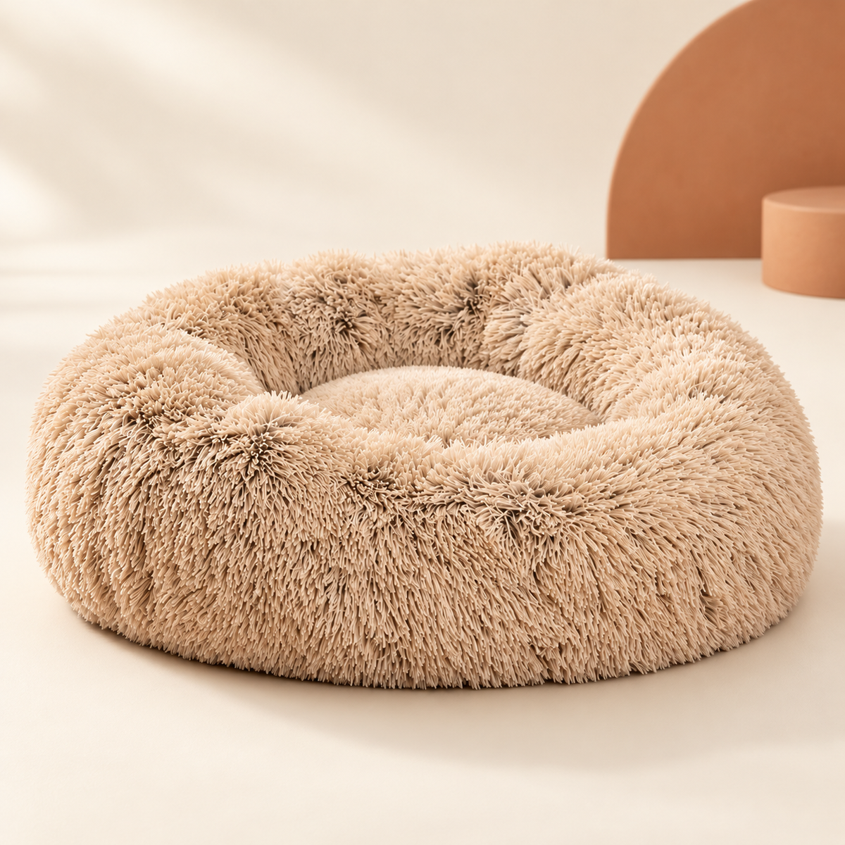 Coussin rond moelleux pour chien — visuel studio généré par IA