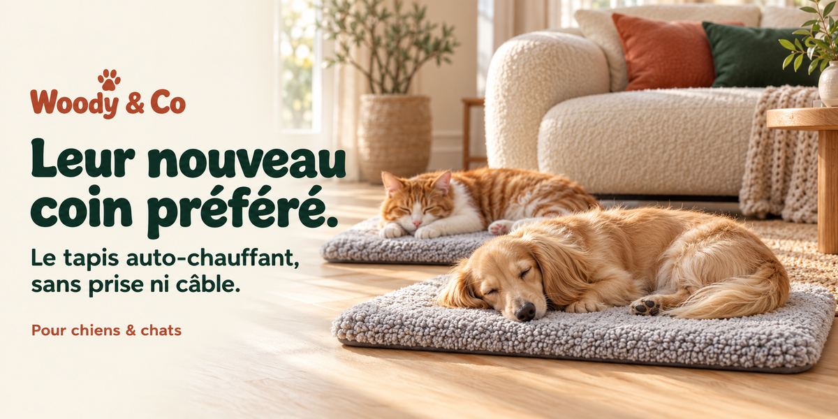 Woody et un chat sur des tapis auto-chauffants gris — visuel généré par IA