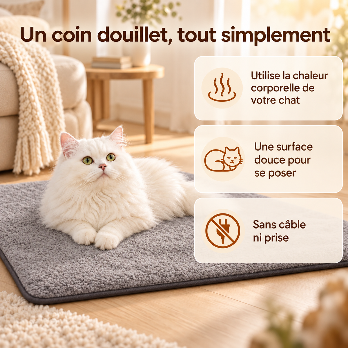 Tapis auto-chauffant gris — benefices — visuel généré par IA