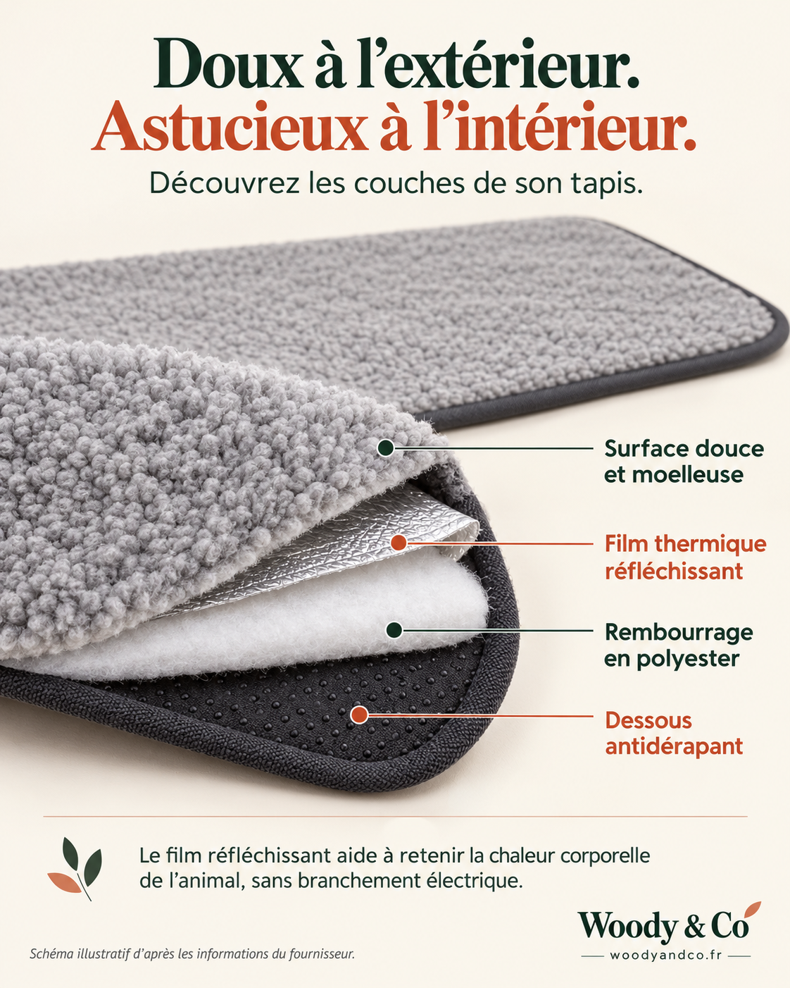 Tapis auto-chauffant gris — detail couches — visuel généré par IA