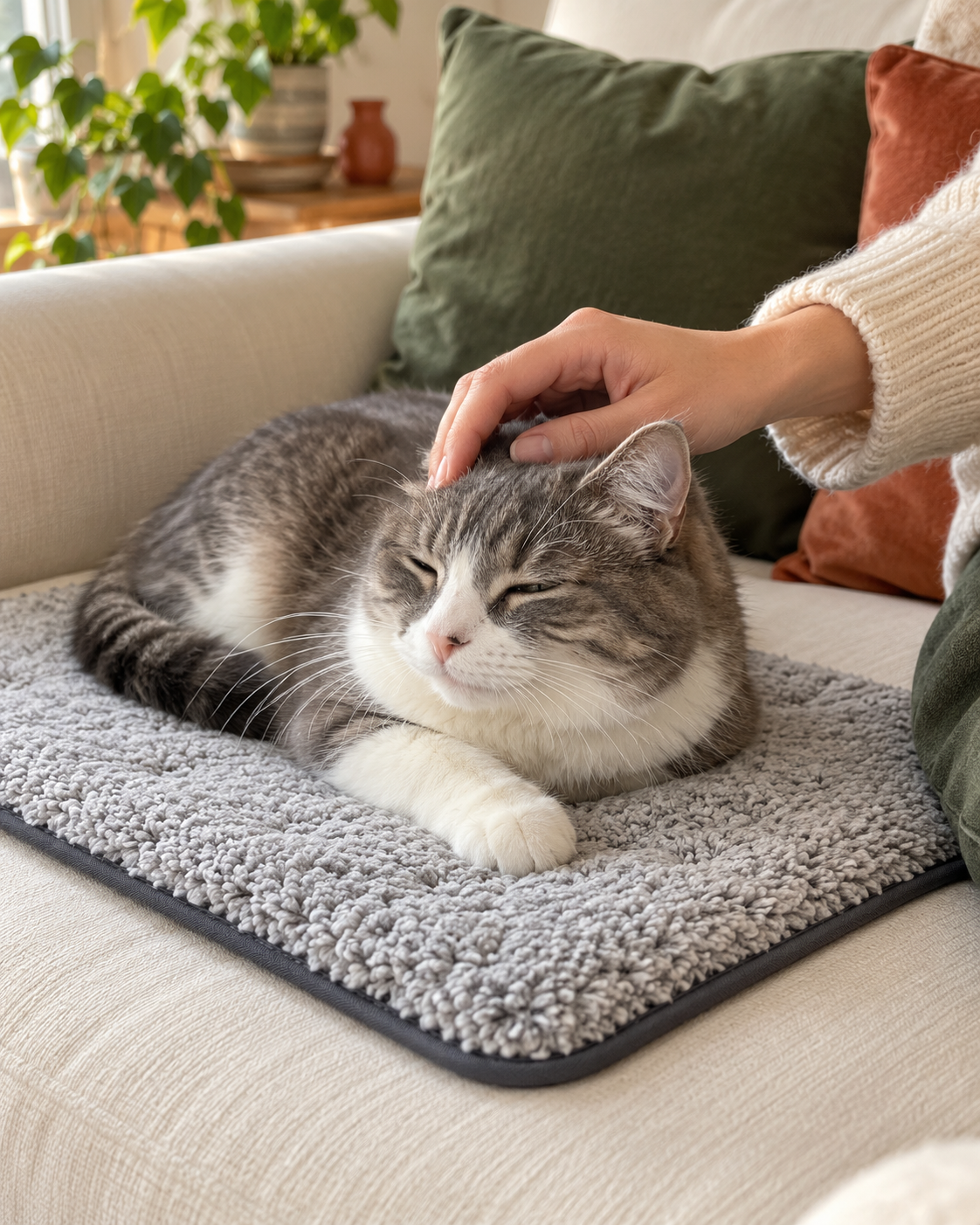 Tapis auto-chauffant gris — texture douce — visuel généré par IA