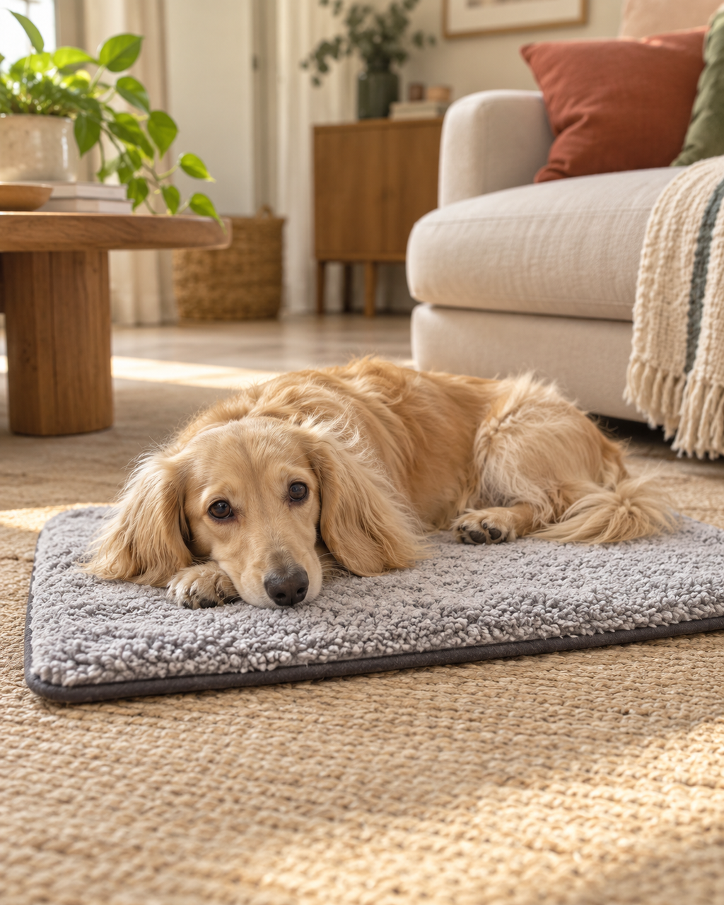 Tapis auto-chauffant gris — woody au repos — visuel généré par IA