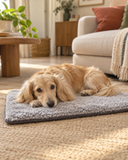 Tapis auto-chauffant gris — woody au repos — visuel généré par IA